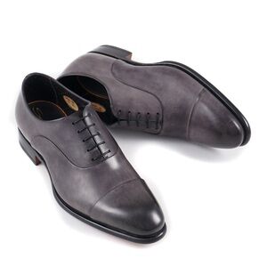 Santoni “Isaac” Dark Grey Leather Cap Toe Oxfords Made In Italy